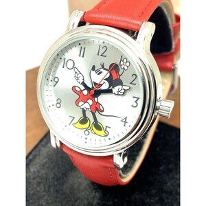 Disney Women's Watch Minnie Mouse Quartz Silver 38mm Red Leather Band